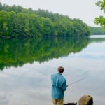 Peaceful fishing by a serene lake surrounded by lush greenery and soft morning light.