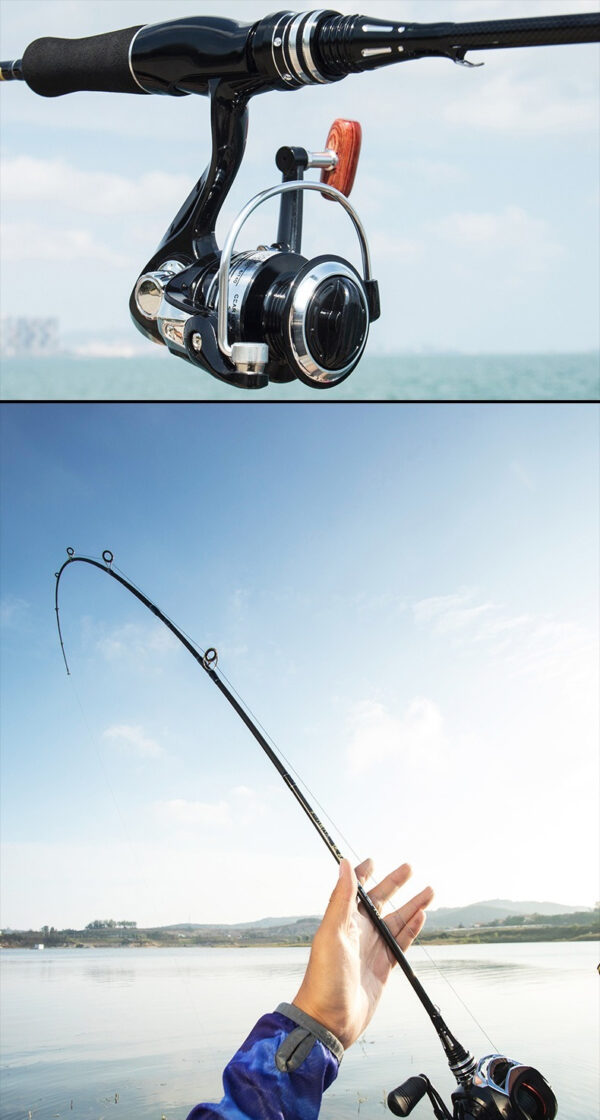 Close-up of fishing rod and reel setup on a tranquil lake, perfect for angling enthusiasts.