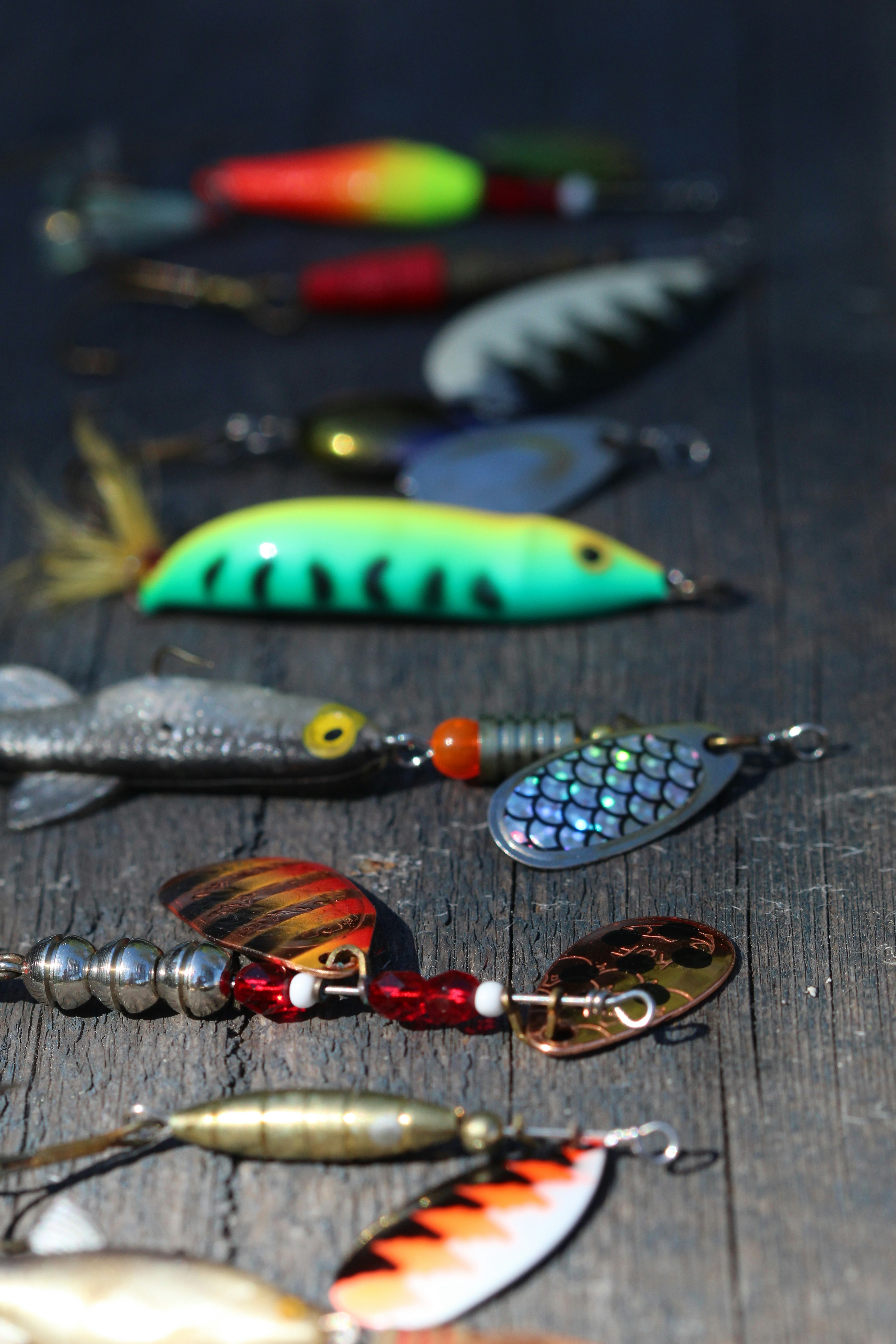 Colorful fishing lures arranged on wood, showcasing diverse designs for effective fishing success.