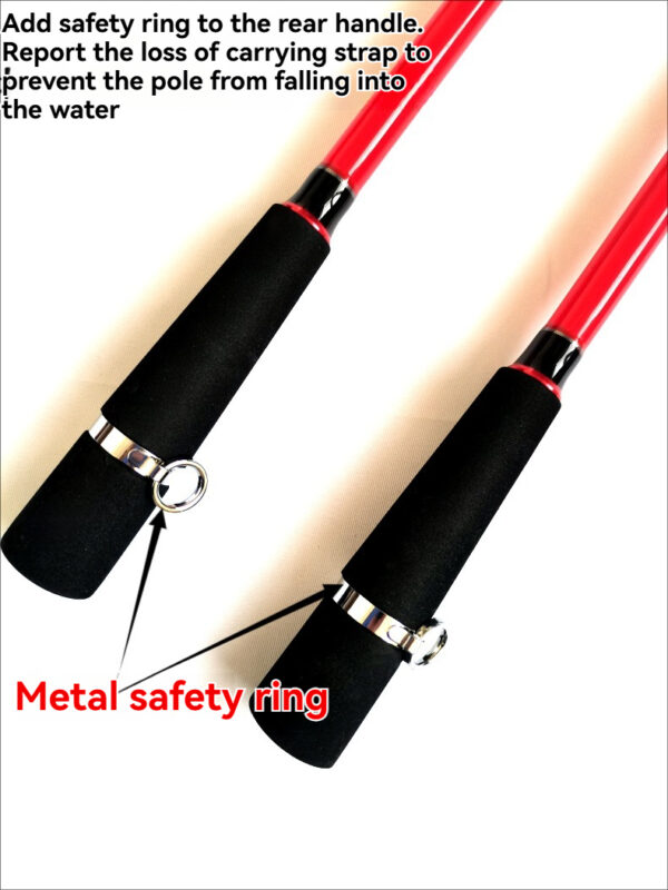 Vibrant red fishing poles with safety rings for secure angling experience.