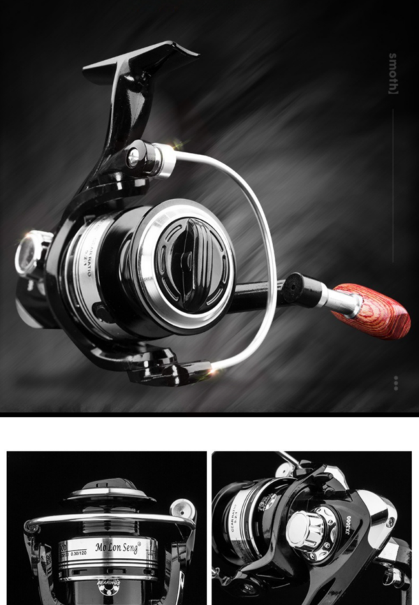 Sleek black fishing reel with silver accents and wooden grip, perfect for anglers and collectors.