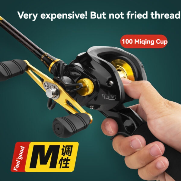 Premium black and gold fishing reel with ergonomic grip, designed for serious anglers.