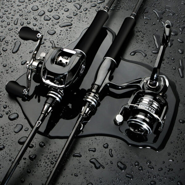 High-quality fishing rods and reels on a glossy black surface, ready for your next adventure.