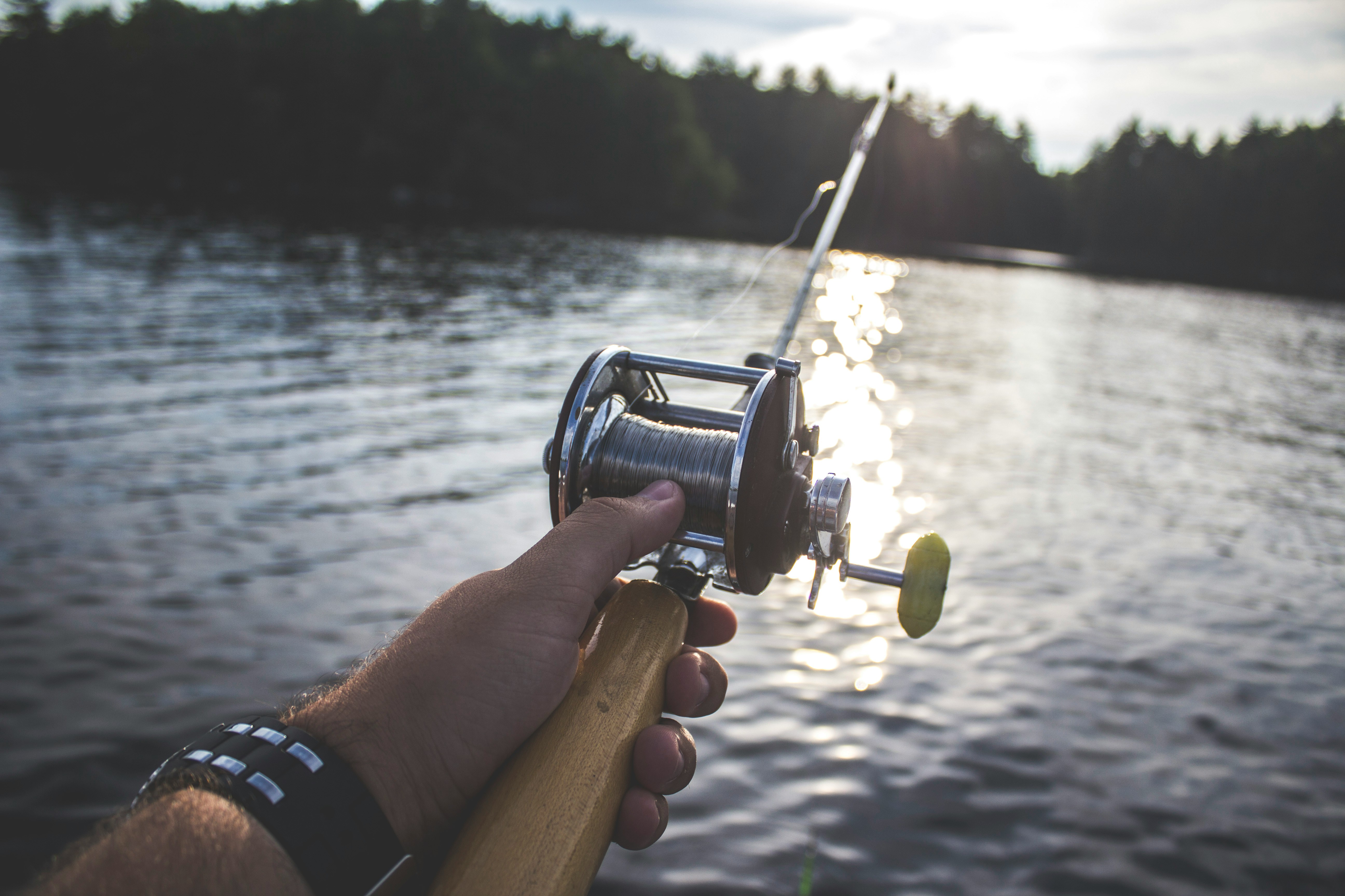 Anglers hand with fishing rod at tranquil lake, perfect for outdoor fishing adventures.