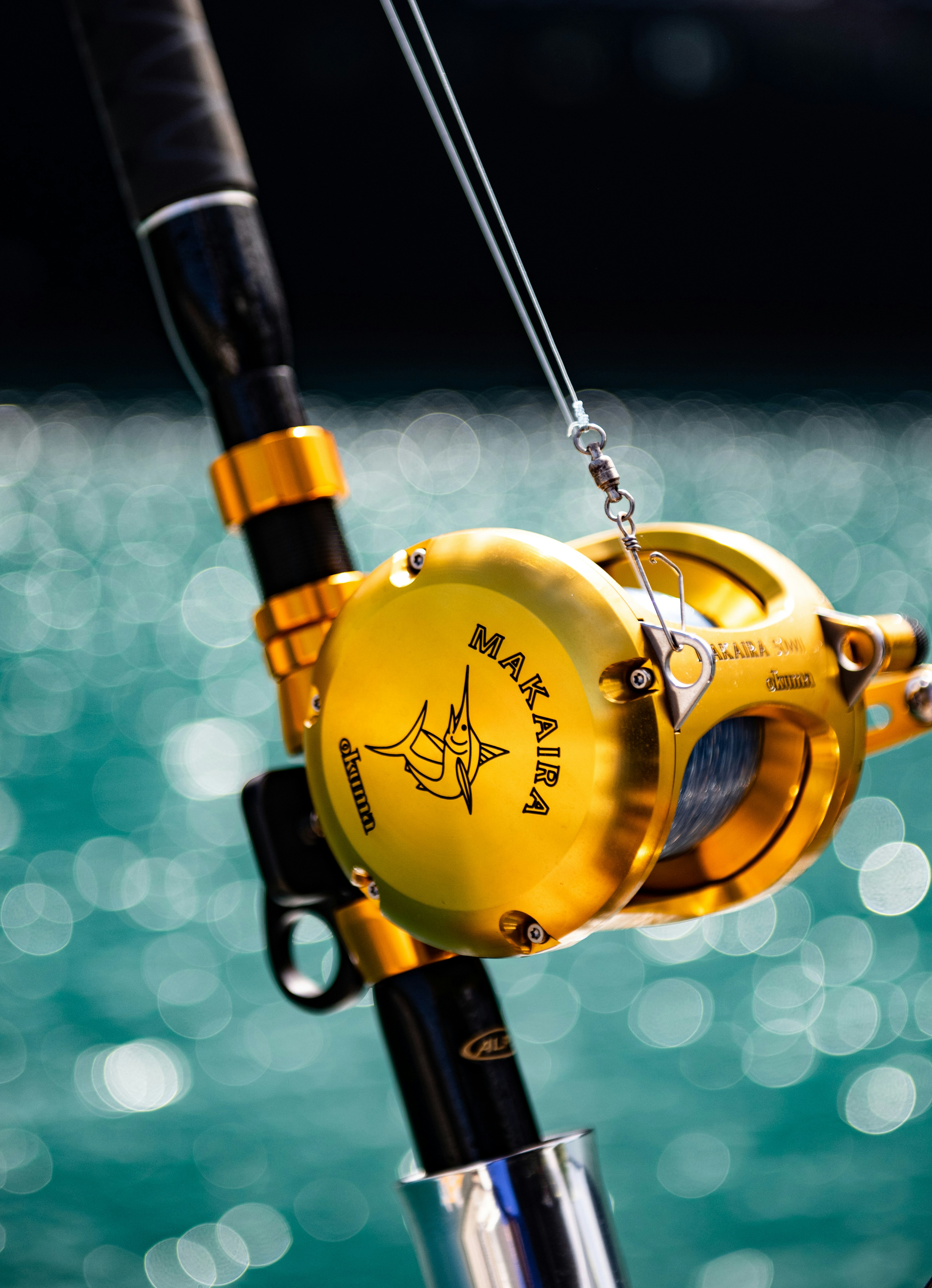 Close-up of a high-performance fishing rod with a gold Makaira reel against shimmering turquoise water.