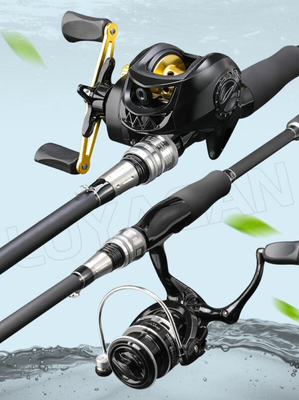 Baitcasting and spinning reels on graphite rods against a serene aqua water backdrop.