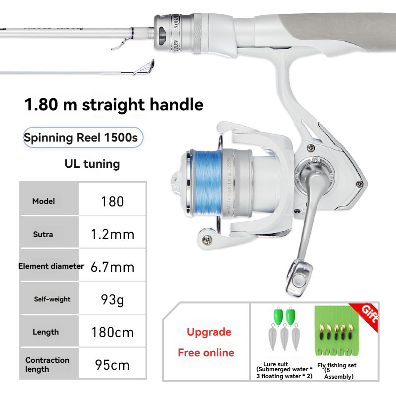 Lightweight ultralight fishing rod and reel combo for spinning, model 180, with fishing accessories included.