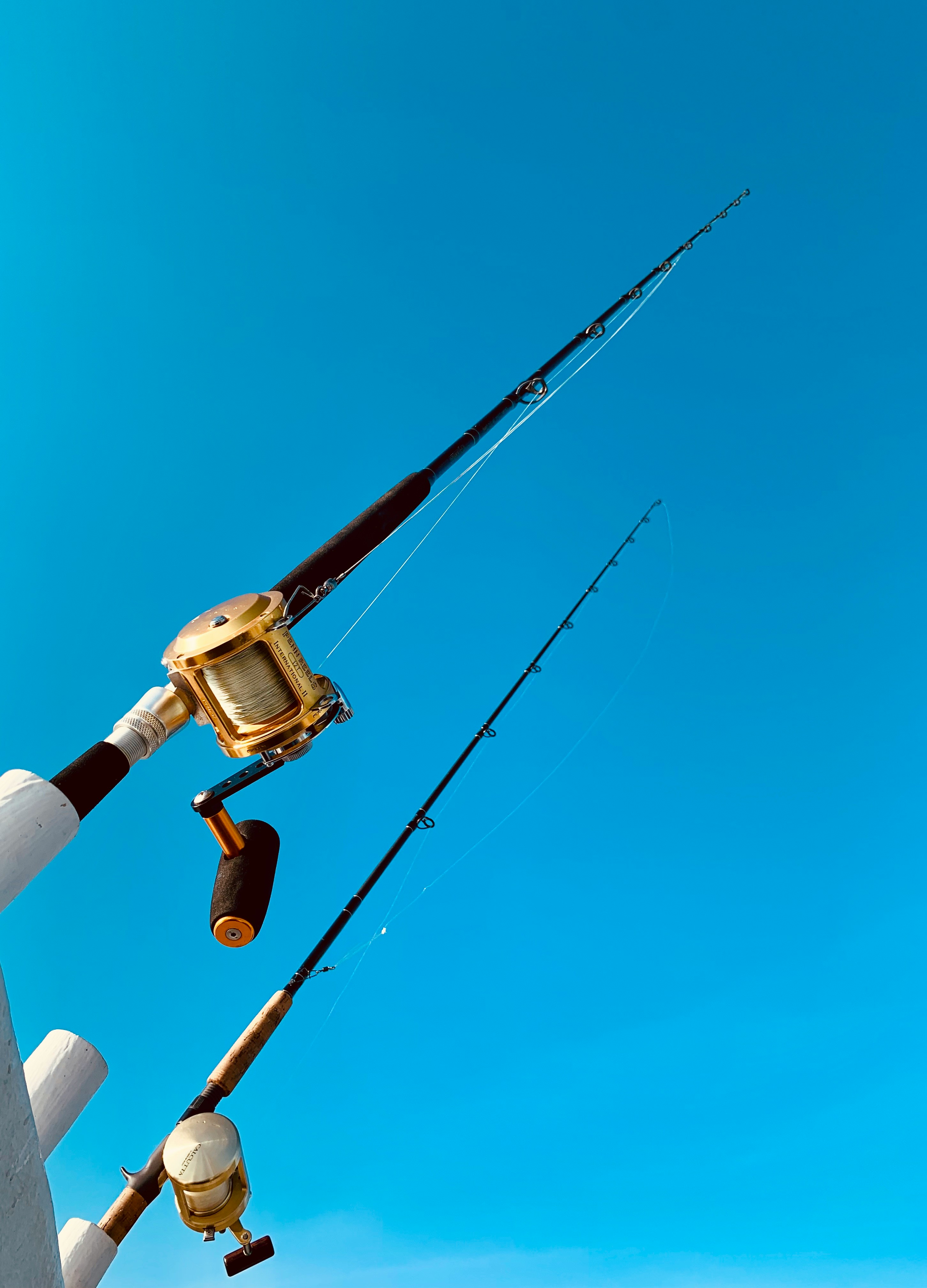 Fishing rods with reels against a bright blue sky, perfect for outdoor fishing adventures.