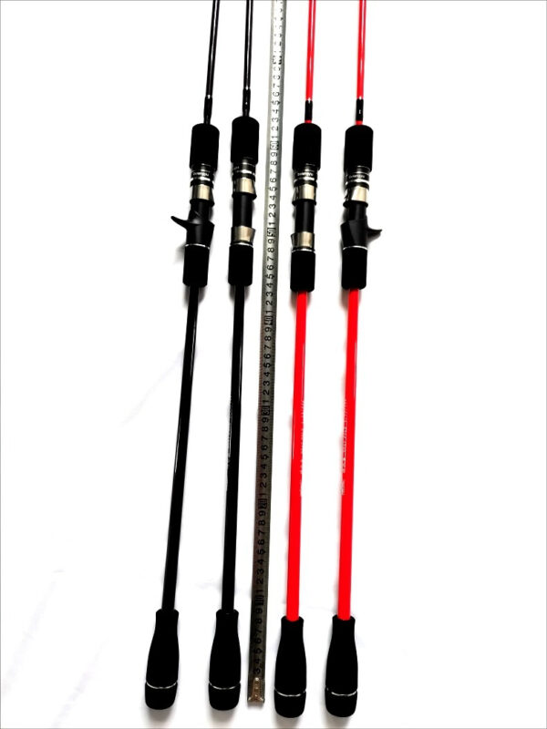 High-quality fishing rods collection in black and red, showcasing premium reels and comfortable grips.