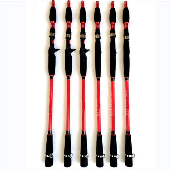 Vibrant red fishing rods collection, perfect for anglers seeking quality and performance.