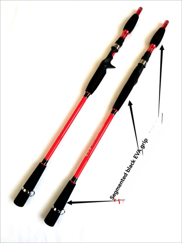 Sleek red and black fishing rods for portable fishing, featuring ergonomic grips and metallic accents.