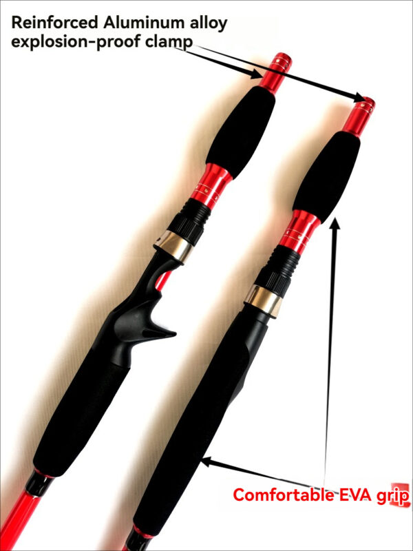 Red and black fishing rods with ergonomic EVA grips and durable aluminum alloy construction.