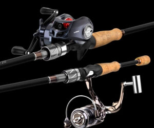 Baitcasting and spinning fishing rods with reels showcase premium craftsmanship against a black background.