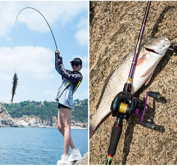 Angler celebrates fishing success with gear and a catch by a scenic shoreline.