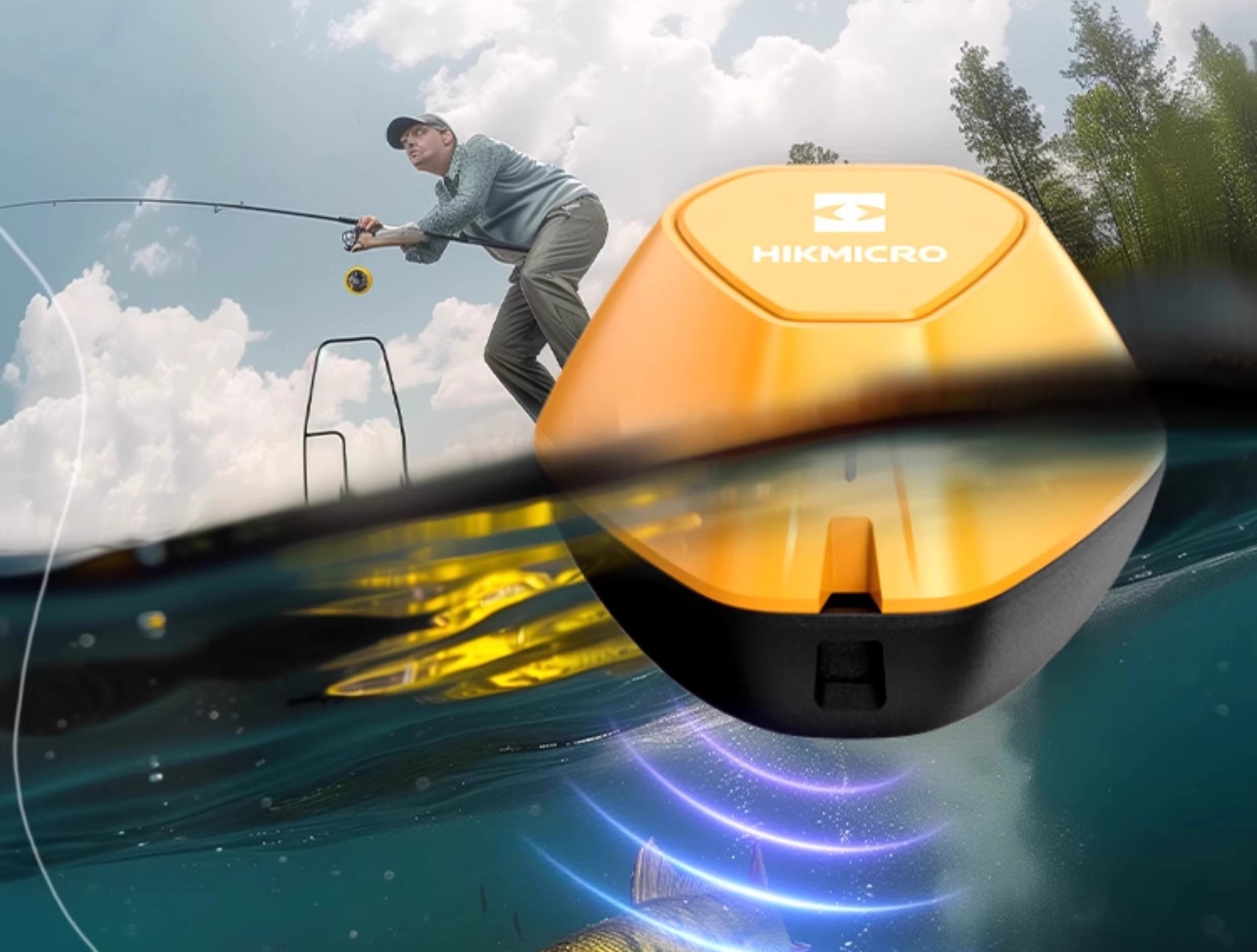 Fisherman casting line on a boat with advanced HIKMICRO fishing technology beneath the water.