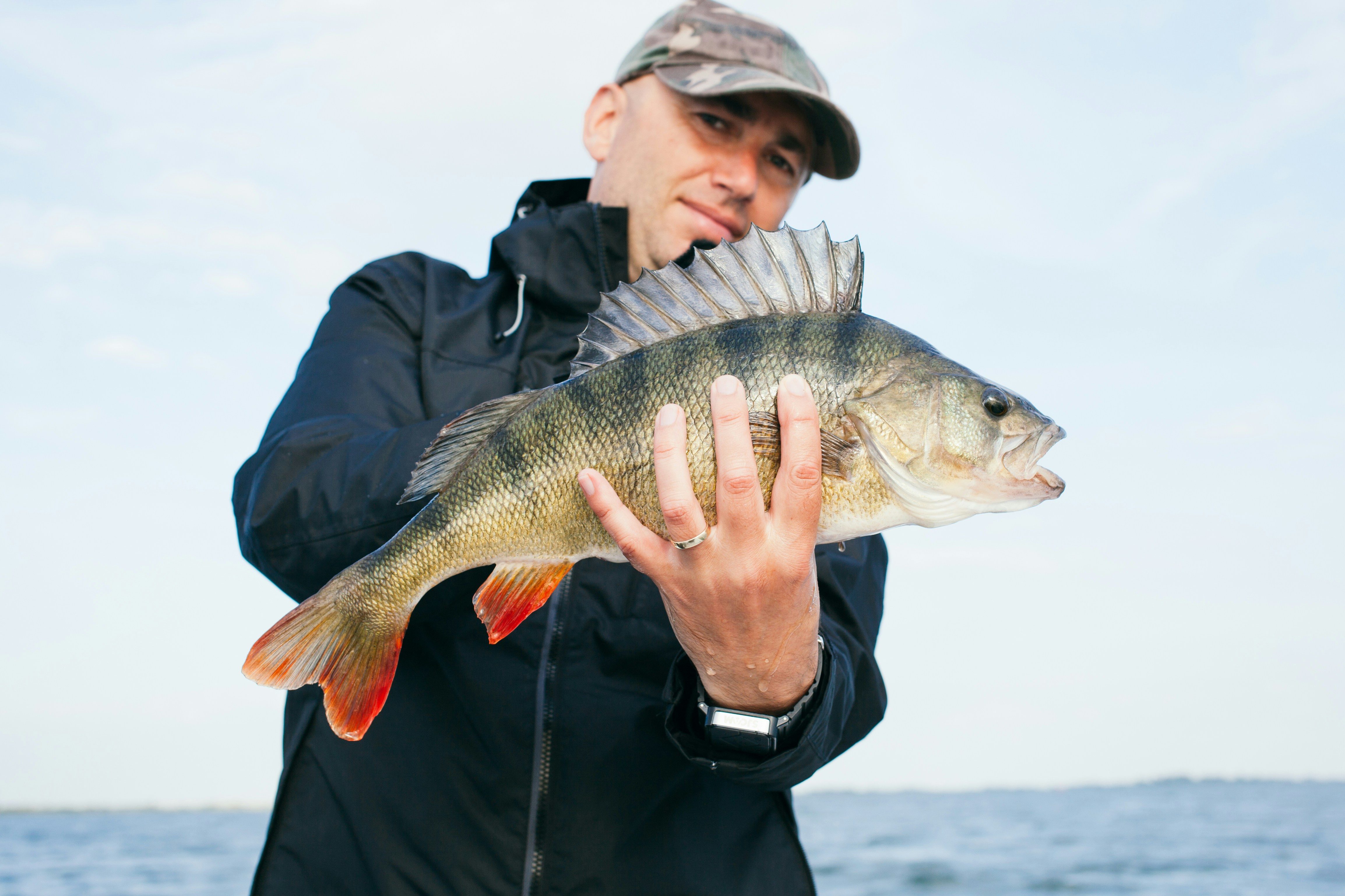 Man proudly displays a large, vibrant fish from a successful fishing trip outdoors.