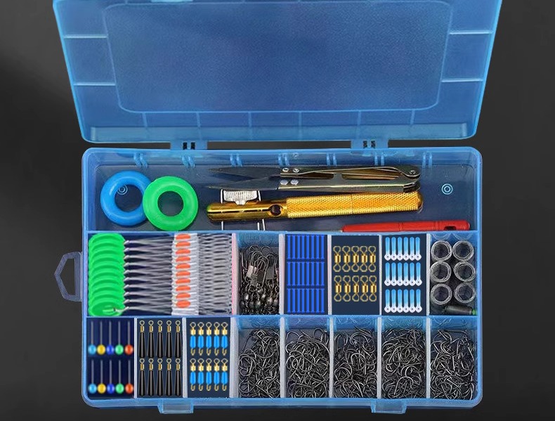 Organized toolbox filled with crafting tools and fishing gear accessories for DIY projects.