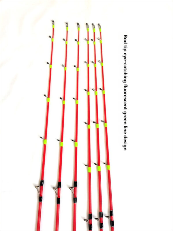 Vibrant red fishing rods with fluorescent green accents, ideal for anglers seeking precision and visibility.